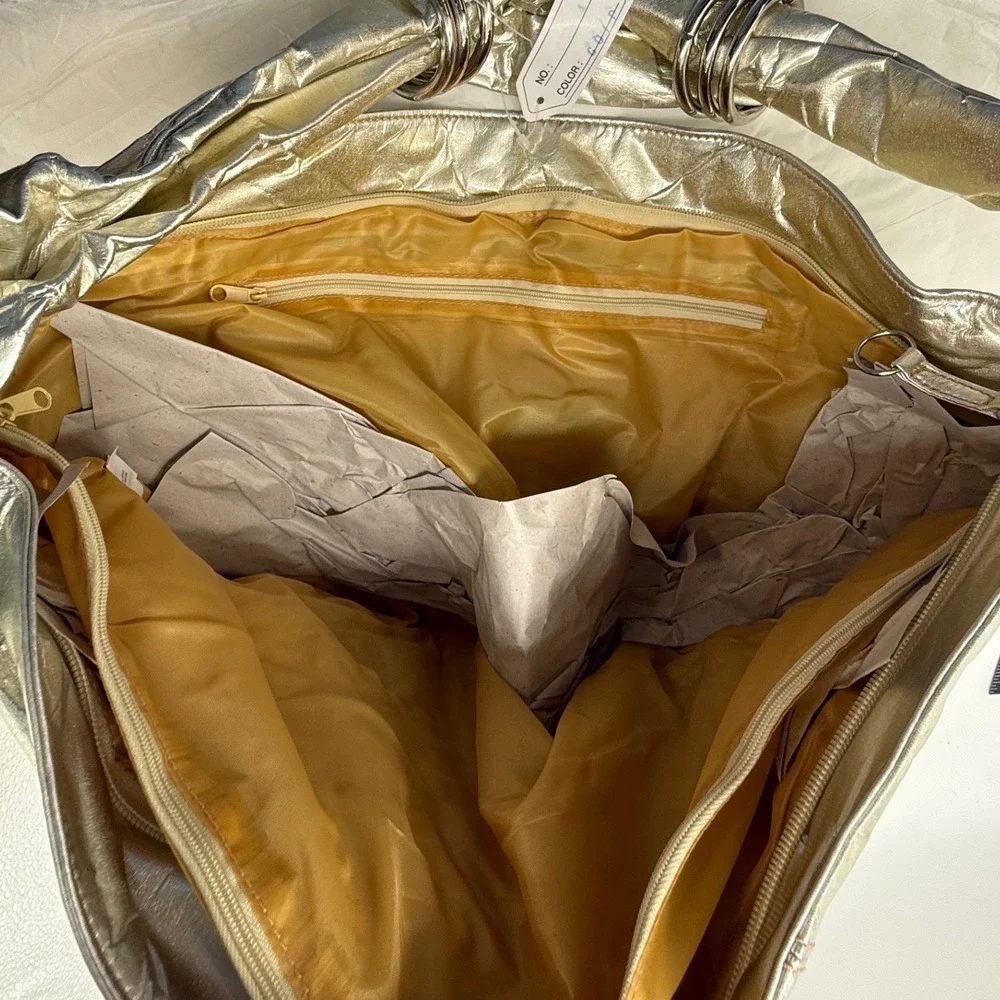 Gold‎ Metallic Hobo Bag Shoulder Bag Large Crinkle Faux Leather Silver Tones